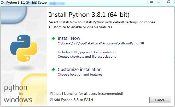 Python 安装向导界面：Install Now 与 Customize installation、Add Python to PATH